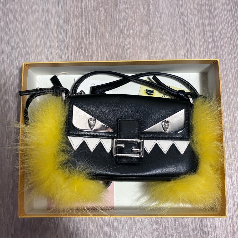 Black and Yellow Fur Trimmed Handbag